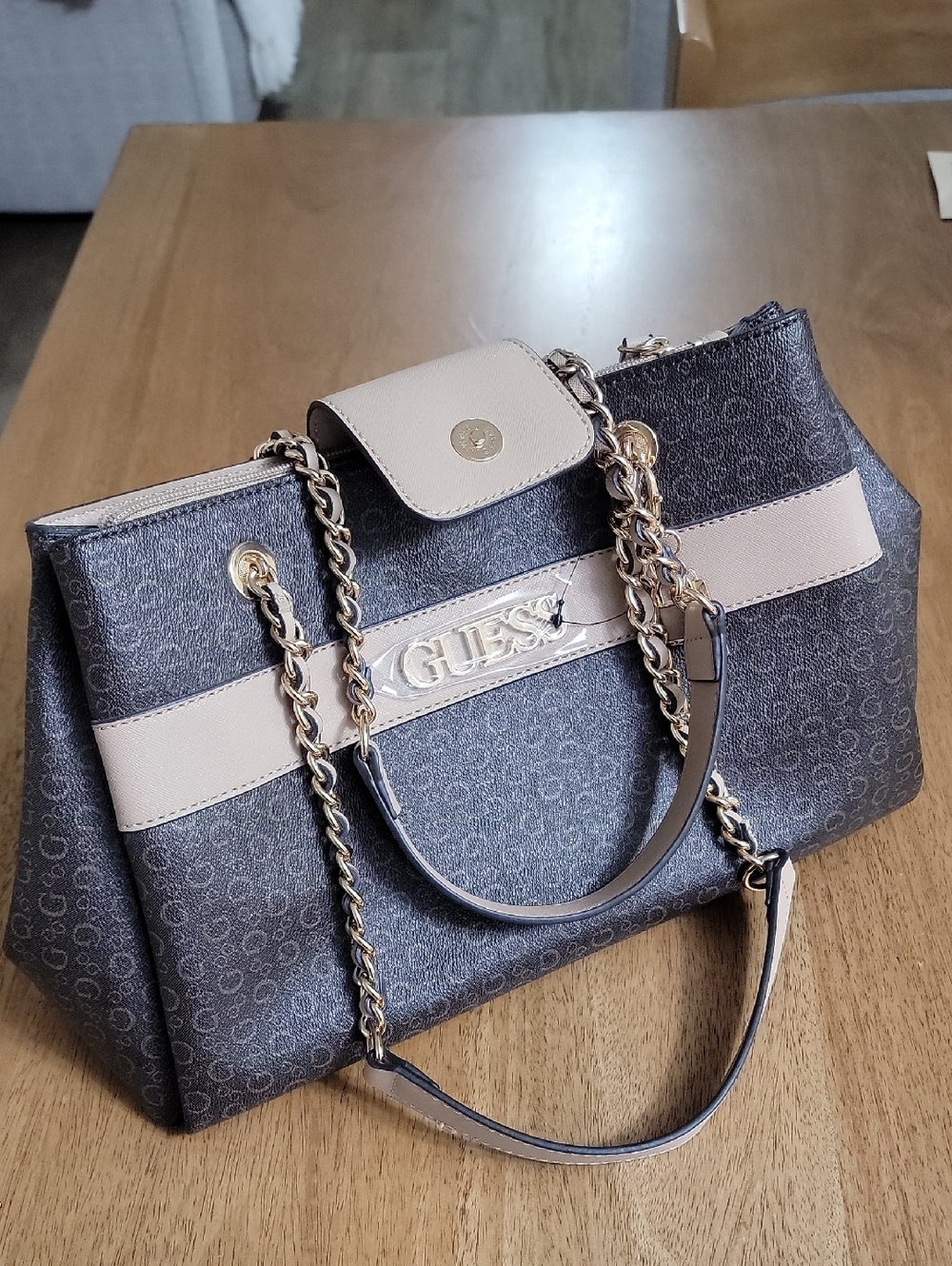 GUESS Tan and Brown Logo Satchel Bag